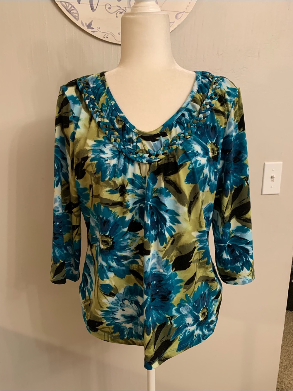 Christopher & Banks Teal and Olive Floral Scoop-Neck Tunic